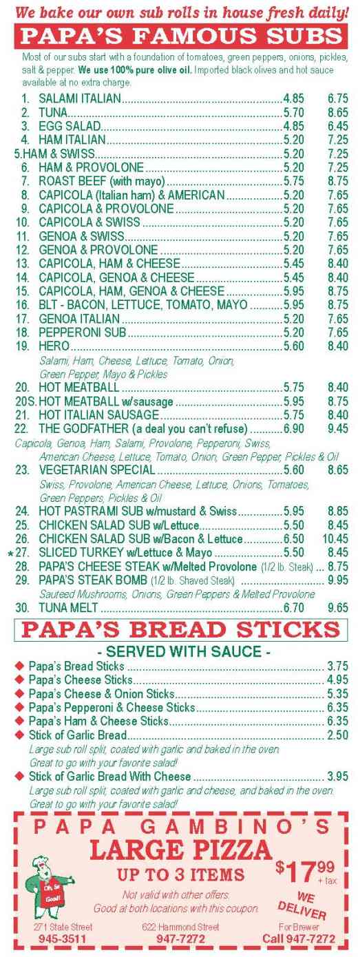 Papa Gambino's Pizzas Subs Menu, Bangor, ME